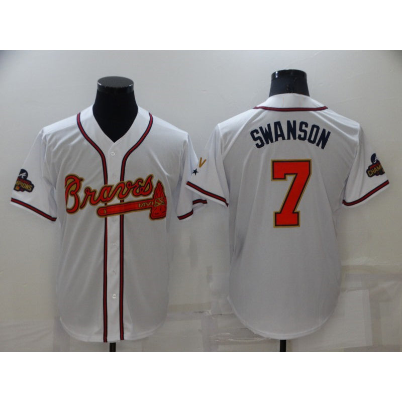 Atlanta Braves#7 Dansby Swanson 2022 White CONTON Gold World Series Champions Program Cool Base Stitched Jersey
