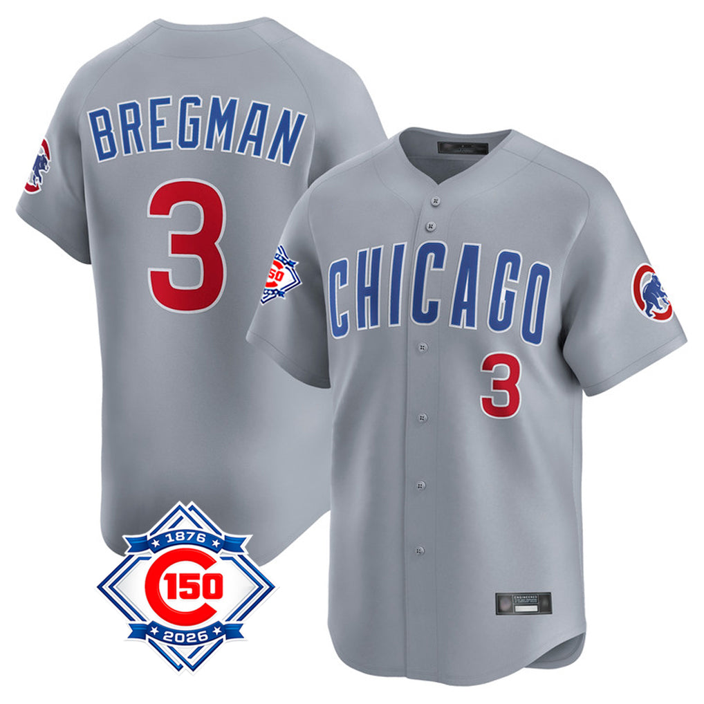 Chicago Cubs #3 Alex Bregman Player Gray CONTON Road 150th Anniversary Limited Home Stitched Jerseys