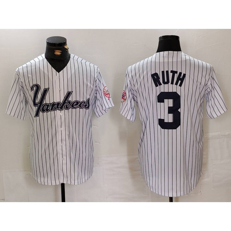 New York Yankees #3 Babe Ruth White CONTON Pinstripe Fashion Cool Base Jersey 3