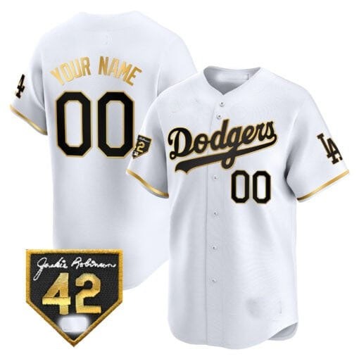 Custom Los Angeles Dodgers 2024 Jackie Robinson Patch Vapor Premier Limited Jersey ¨C White Gold CONTON