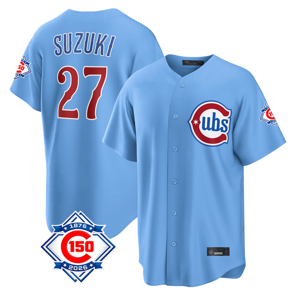 Chicago Cubs #27 Seiya Suzuki Player Light Blue CONTON 150th Anniversary Home Game Stitched Jerseys