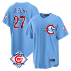 Chicago Cubs #27 Seiya Suzuki Player Light Blue CONTON 150th Anniversary Home Game Stitched Jerseys