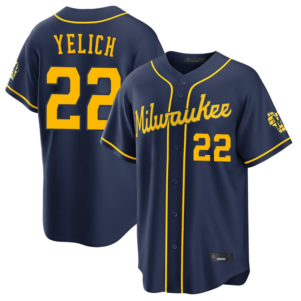 Milwaukee Brewers #22 Christian Yelich Player Navy CONTON Home Stadium Game Stitched Jerseys