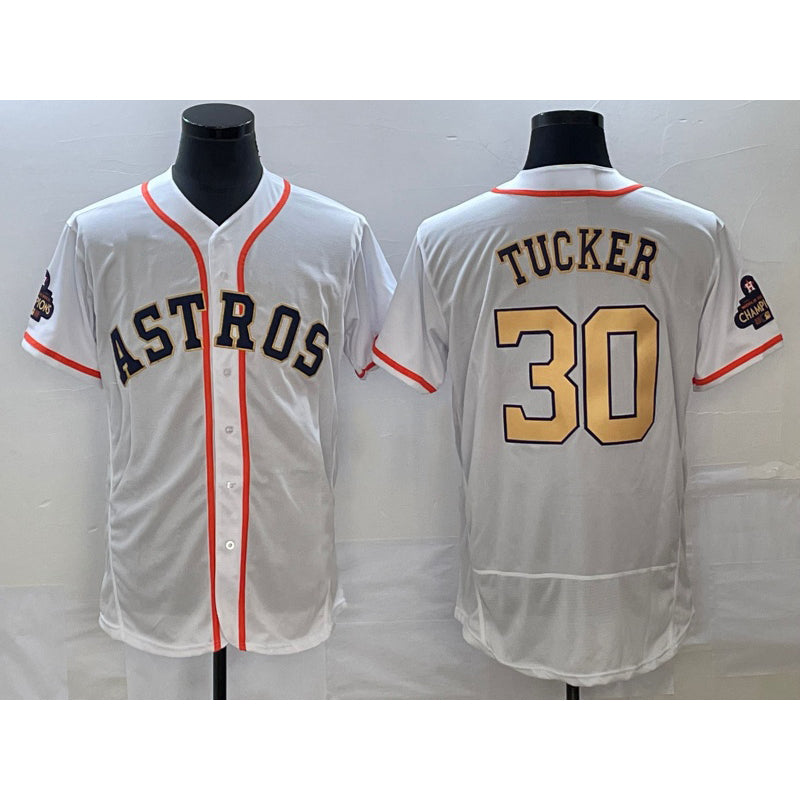 Houston Astros #30 Kyle Tucker 2023 White Gold CONTON World Serise Champions Patch Flex Base Stitched Jersey