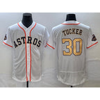 Houston Astros #30 Kyle Tucker 2023 White Gold CONTON World Serise Champions Patch Flex Base Stitched Jersey
