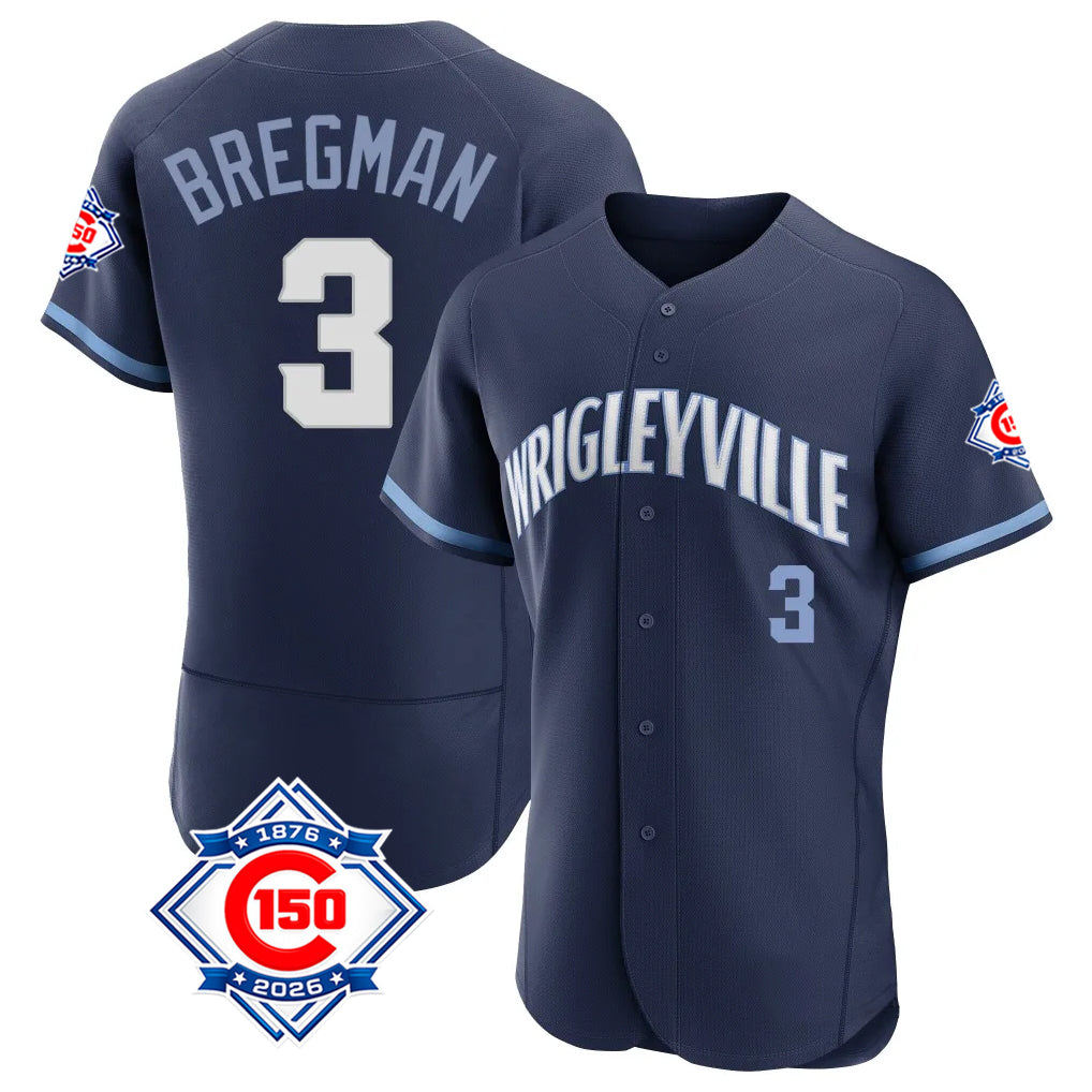 Chicago Cubs #3 Alex Bregman Player Navy CONTON City Connect 150th Anniversary Limited Elite Home Stitched Jerseys
