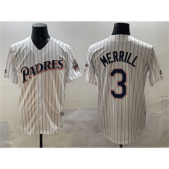 San Diego Padres #3 Jackson Merrill White CONTON Throwback With Patch Cool Base Stitched Jersey
