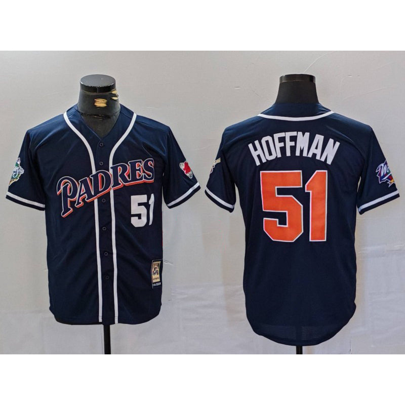 San Diego Padres #51 Trevor Hoffman Navy CONTON Player Number Cooperstown Cool Base Jersey