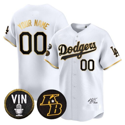 Custom Los Angeles Dodgers Vin Patch & Kobe Bryant Signature Vapor Premier Limited Jersey ¨C White Gold CONTON