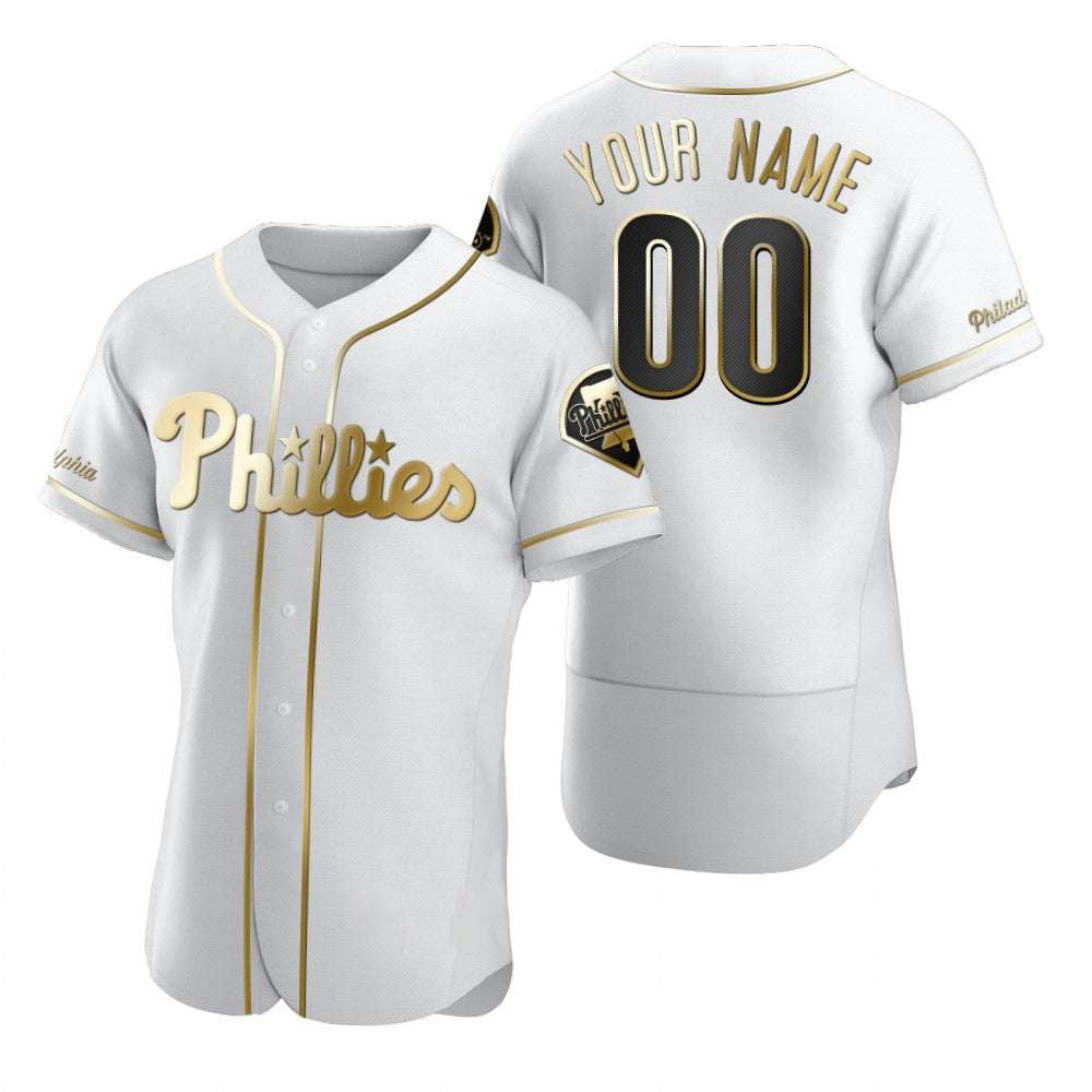 Custom Philadelphia Phillies White CONTON Stitched Flex Base Golden Edition Jersey