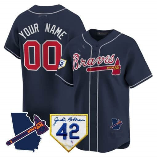 Custom Atlanta Braves 2024 Robinson & Georgia Patch Vapor Premier Limited Jersey ¨C Navy CONTON