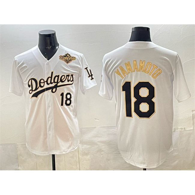 Los Angeles Dodgers #18 Yoshinobu Yamamoto White Gold CONTON 2025 World Series Patch Limited Stitched Jersey