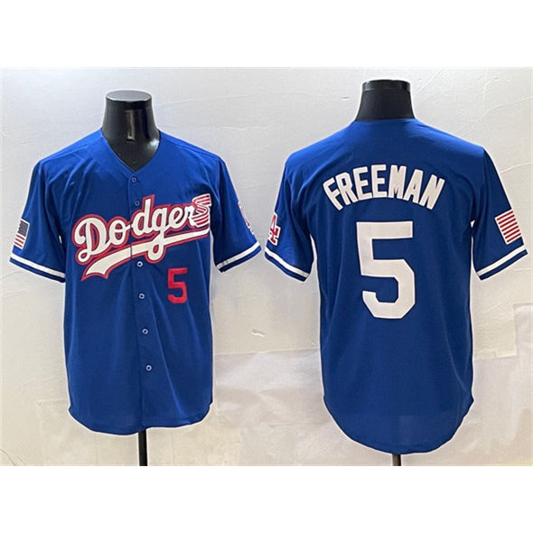 Los Angeles Dodgers #5 Freddie Freeman Royal CONTON With American Flag Patch Limited Stitched Jersey