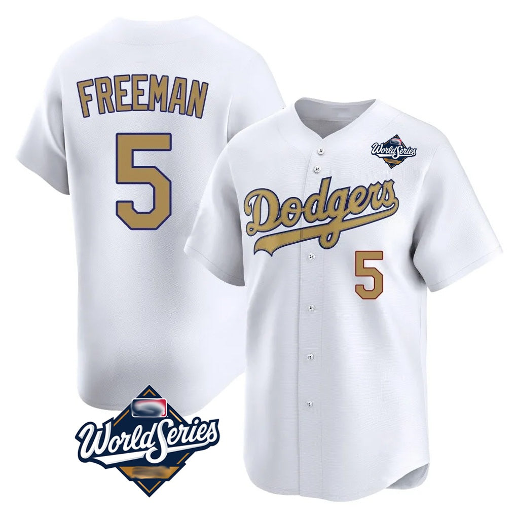 Los Angeles Dodgers #5 Freddie Freeman Player White Gold CONTON World Series Collection Limited Home Stitched Jerseys